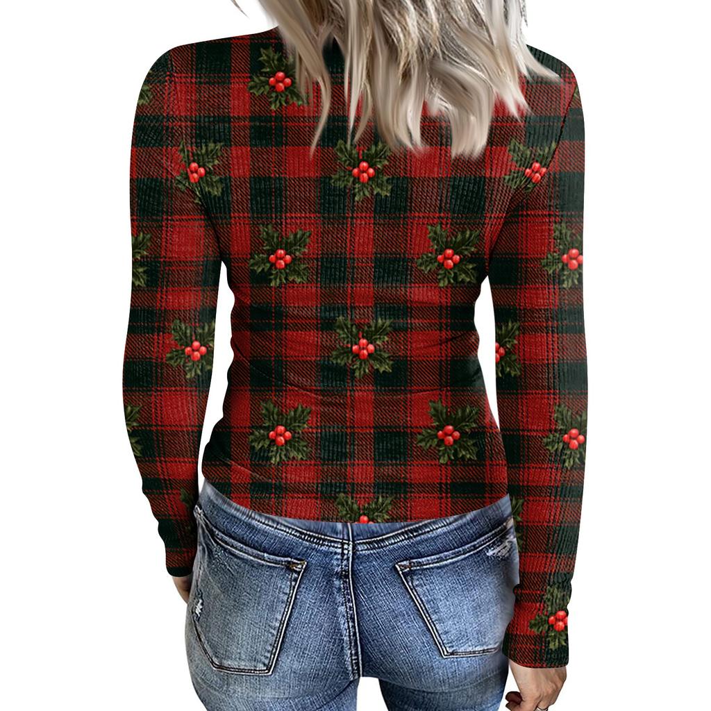 Women's Casual Long Sleeve Ribbed Neck Christmas Print Pullover Top