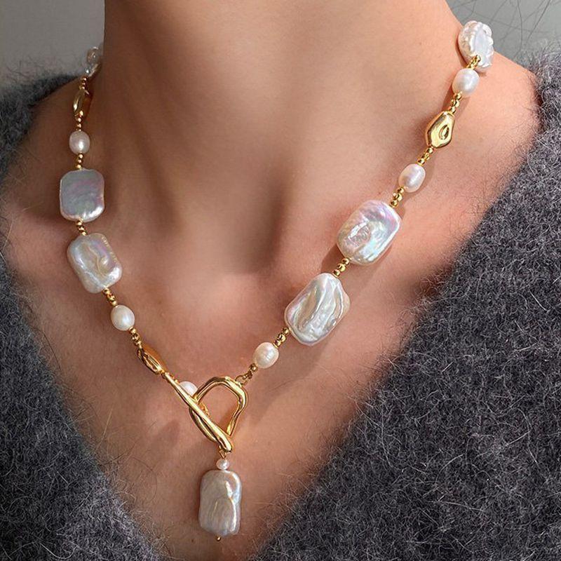 Alien-shaped Cube Freshwater Pearl OT Clasp Necklace, Irregular Metal Sweater Chain