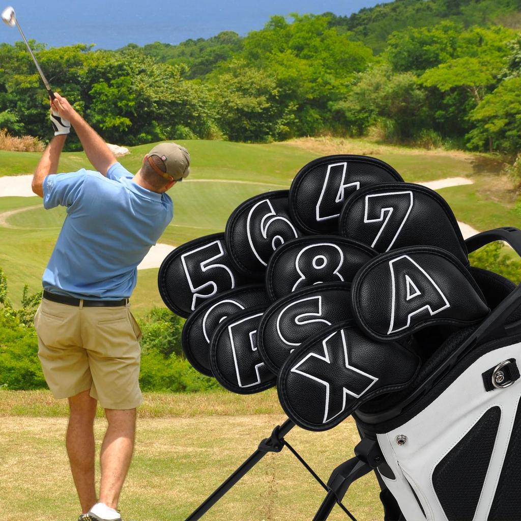 Set of 10 Golf Iron Covers, Magnetic Wedge Covers, and Club Headcovers (4-9, P, A, S, X) with Black Synthetic Leather and White Numbers On Both Sides