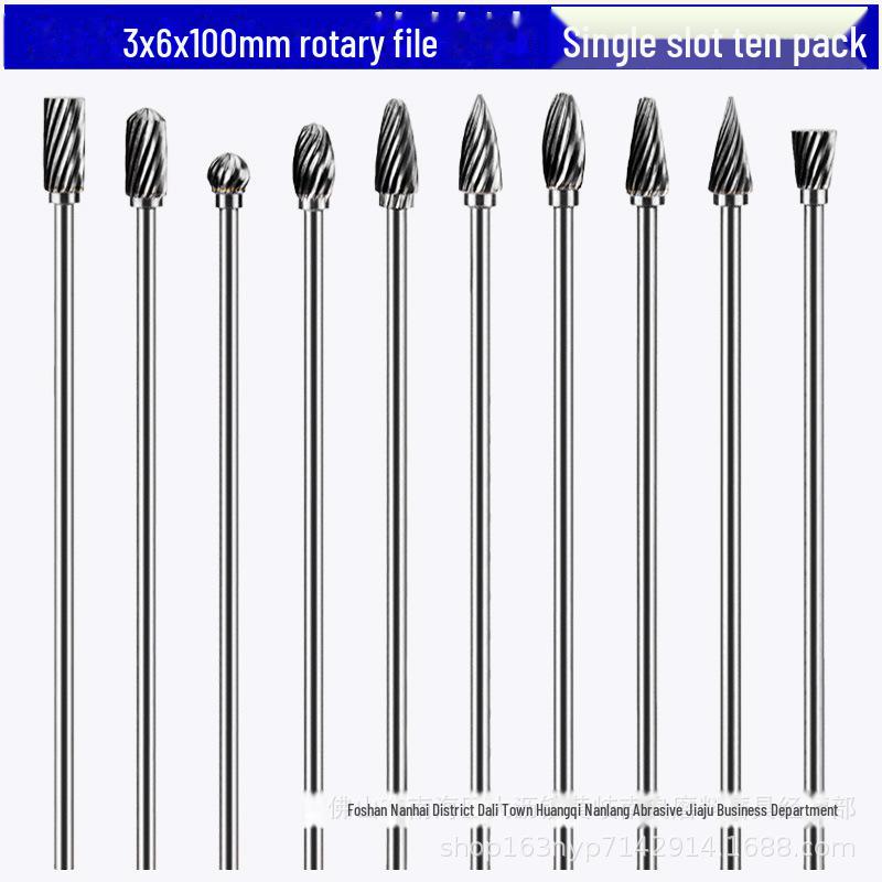 

Набір шліфувальних головок із вольфрамової сталі з довгою рукояткою та карбідним напилком, ідеально підходить для фрезерування та шліфування металу, розмір 3 мм*6*100. 3X6 single slot set of 10