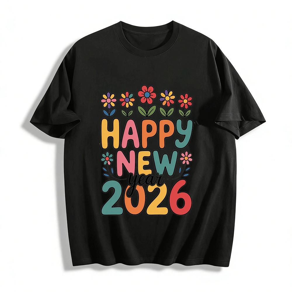 2026 Happy New Year Floral Print Sweatshirt Retro Casual Long Sleeve Top Pure cotton T-shirt XXS