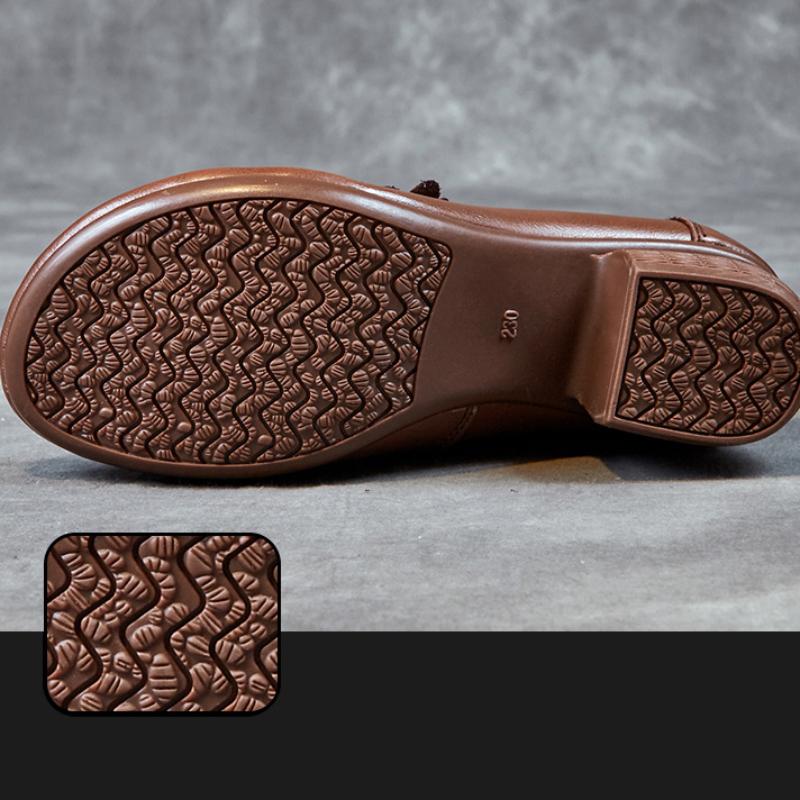 Johnature Echtleder-Pumps, Retro-Stil, runde Zehenpartie, dicker Absatz, weiche Sohle, einfarbig, vielseitige Damenschuhe