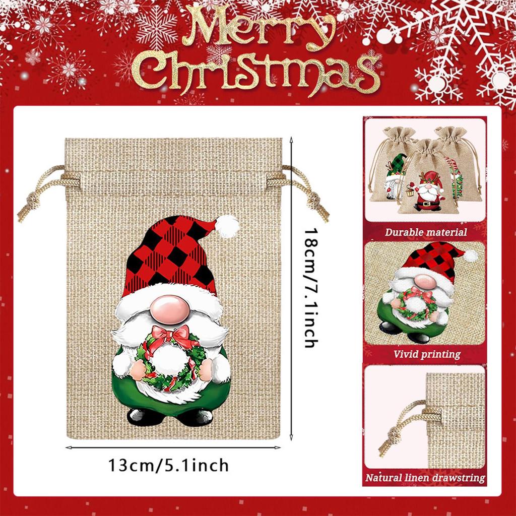 12 Pieces Burlap Reusable Drawstring Gift Bag Cartoon Burlap Bundle Pocket Christmas Snack Bag For Christmas New Year Party