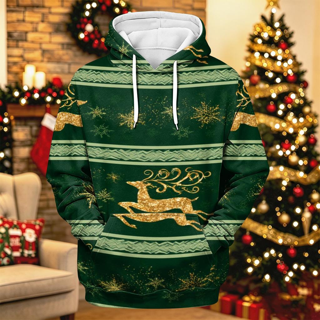 Men's Long Sleeve Hooded Sweatshirt with Christmas Print for Casual Holiday Wear