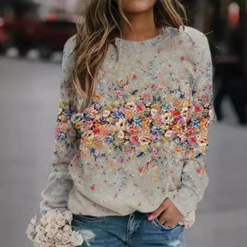 

Круглый вырез с принтом 3D цветов и растений, модные повседневные женские футболки с длинными рукавами XXL