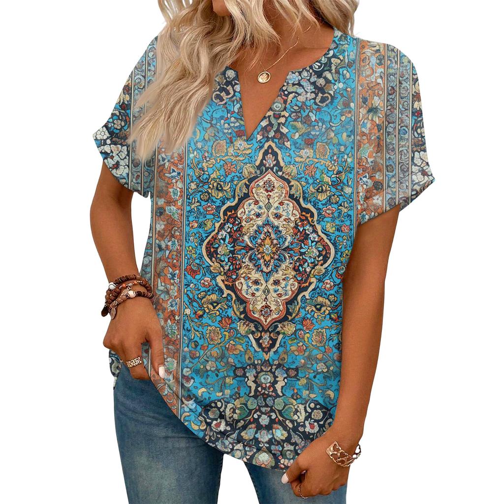 Stylish Women's Casual V-neck Short-sleeved Retro Print T-shirt