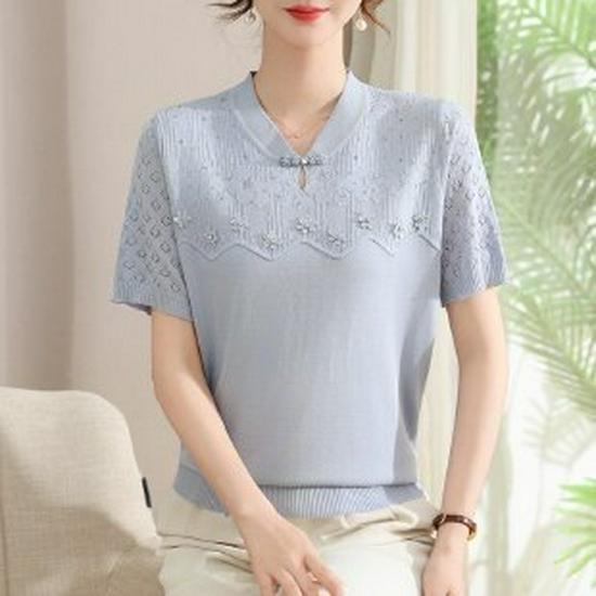 Chic Knitted Short Sleeve Summer Top for Women - Age-Defying Fashion for Middle-Aged and Elderly