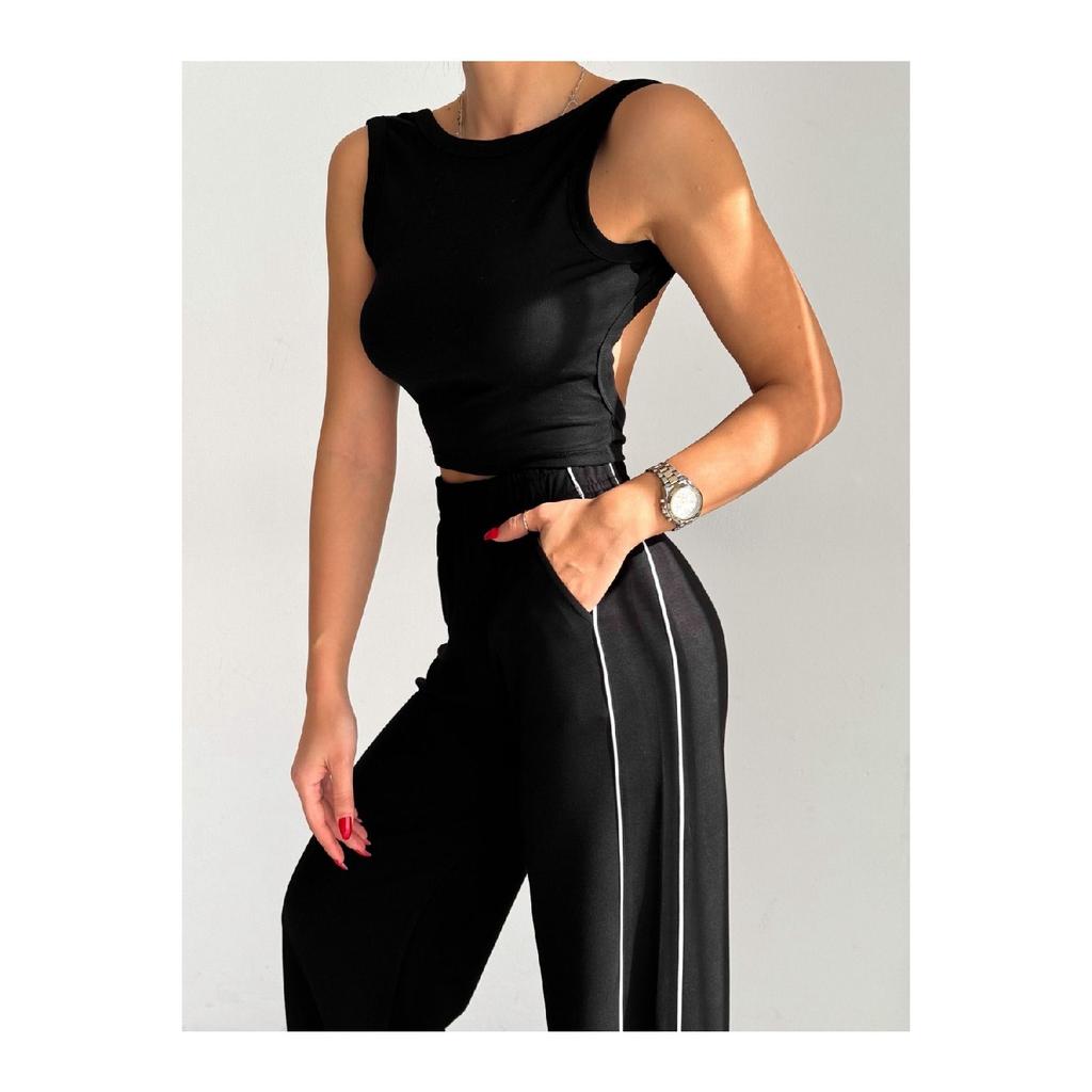 Women's Trend With Plenty Of Trotting Modal Fabric Tracksuit Six Double Pockets Wide Leg Sides With White Lane