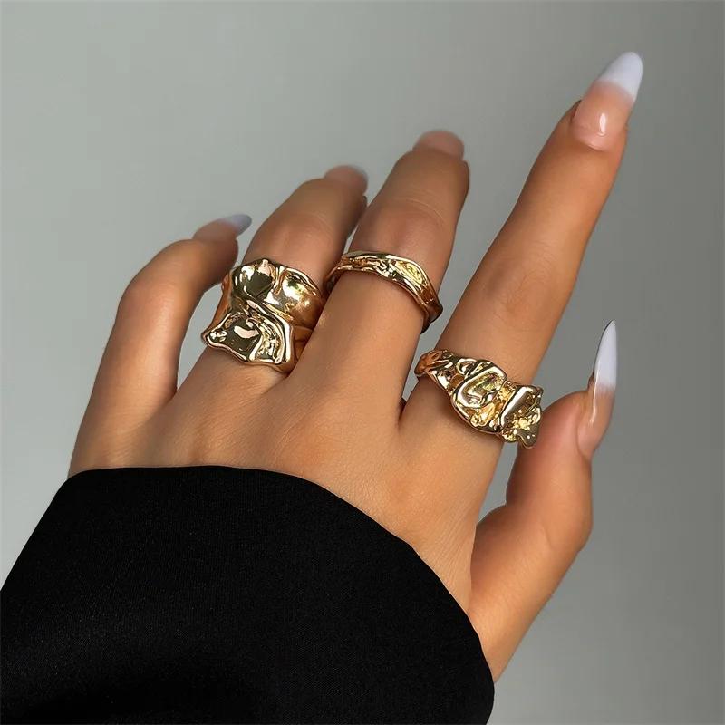 Fashion Gold Color Smooth Geometric Open Rings Set for Women Exaggerated Metal Irregular Thick Chunky Ring Trendy Jewelry Gifts