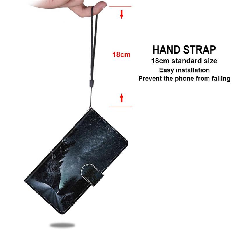 Módní malovaný vzor kryt Lanyard Flip Kožené pouzdro pro iPhone Samsung Huawei Honor Xiaomi Redmi OPPO Realme Moto Asus