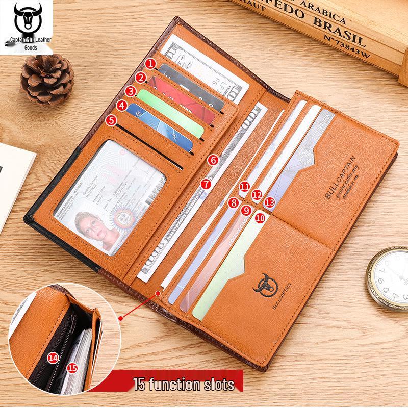Portofel Lung Bifold Retro pentru Bărbați din Piele Naturală de Vacă Captain - Ceară de Ulei, Portmoneu pentru Monede de Capacitate Mare