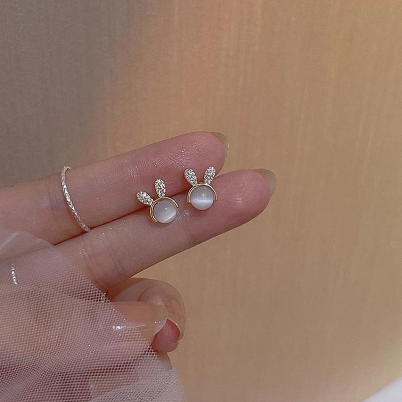 Delicate Small Cat Eye Stone Rabbit Earrings S925 Silver Pin Elegant Jewelry For Women