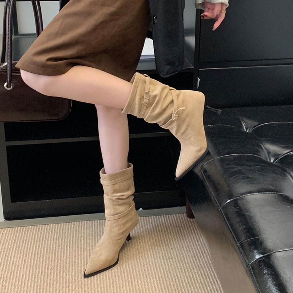 New Style Women's Suede Women's Mid Calf Boots Pointed Toe Stiletto Femme Long Boots Solid Color Lady High Heels Shoes