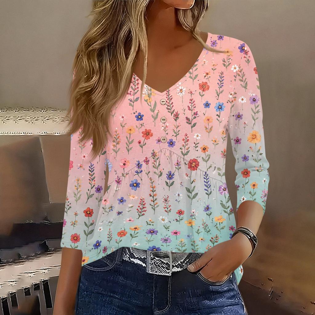 Womens 3/4 Sleeve V Neck Button Detail Floral Print Tunic Top Casual Lightweight Blouse for Daily Wear