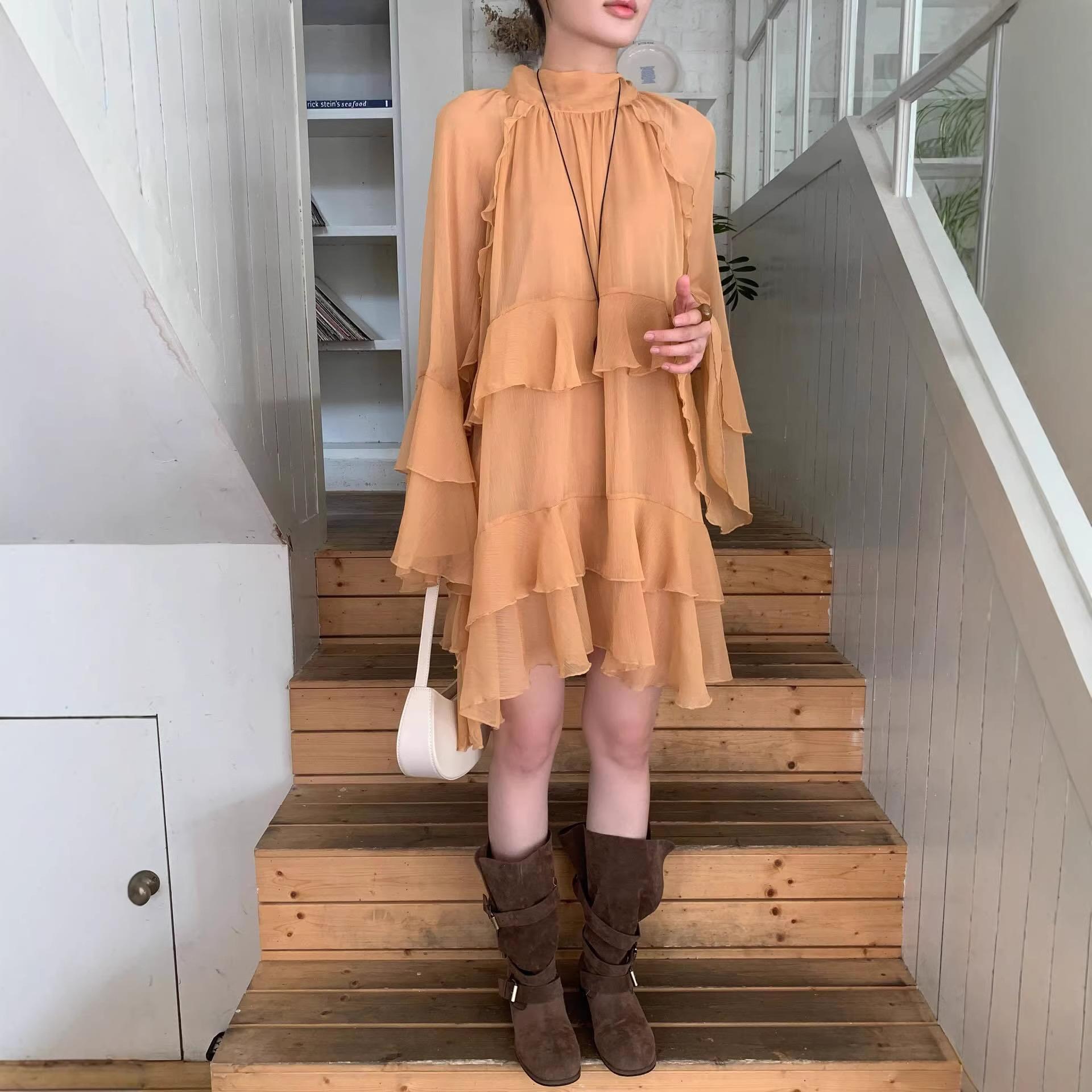 

Early Spring Korean Stand Collar Ruffle Sun Protection Bell Sleeve Lace A-Line Dress One Size