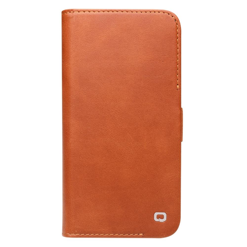 

QIALINO For iPhone 14 Business Style Magnetic Closure Genuine Leather Flip Cover Wallet Stand Phone Case Brown