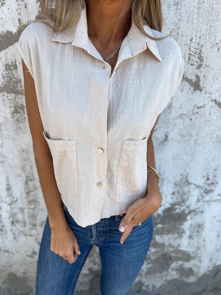 New Casual Summer Loose Short Sleeve Button Pocket Cotton and Linen Shirt Women