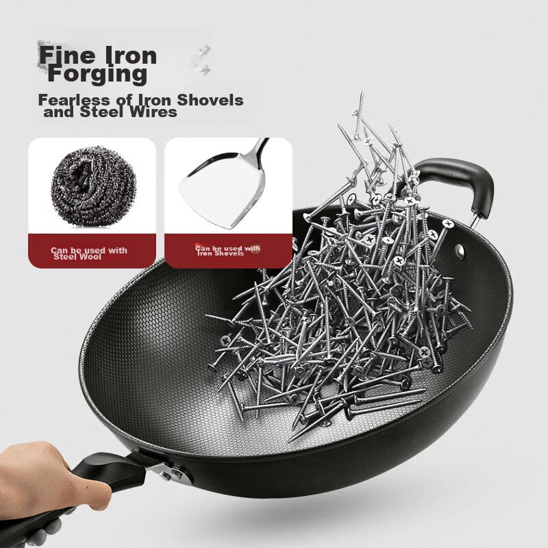 Wok Iron Pan with Lid, 30cm Non-Coated Pure Iron Frying Pan, Nitrided, Compatible with Gas And Induction Stoves MCC4558