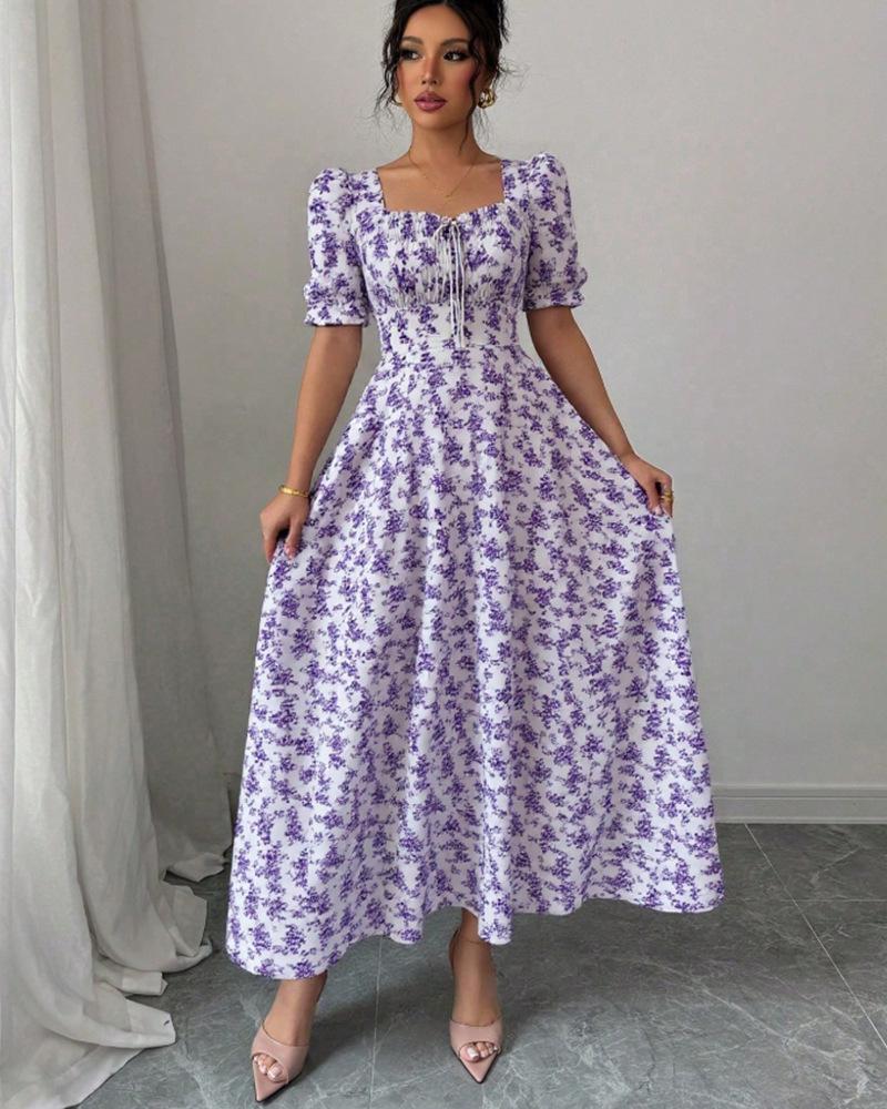 2025 Summer Fashion Women's Printed U-neck Short-sleeved Large Swing Dress