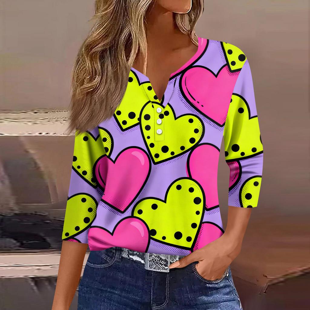 Women's Fashion Button-Up V-Neck Three-Quarter Sleeve Valentine's Day Print Top