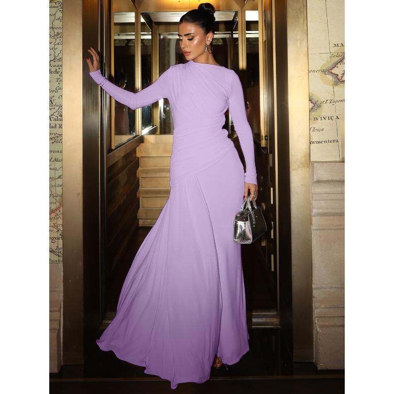 Women's Summer New Product Fashion Temperament Slim Pleated Zipper Crew Neck Long-sleeved Dress