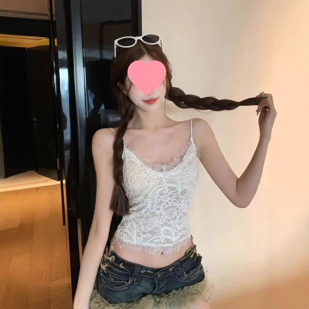 With chest pad, French V-neck eyelashes lace suspender short vest women's inner back top summer