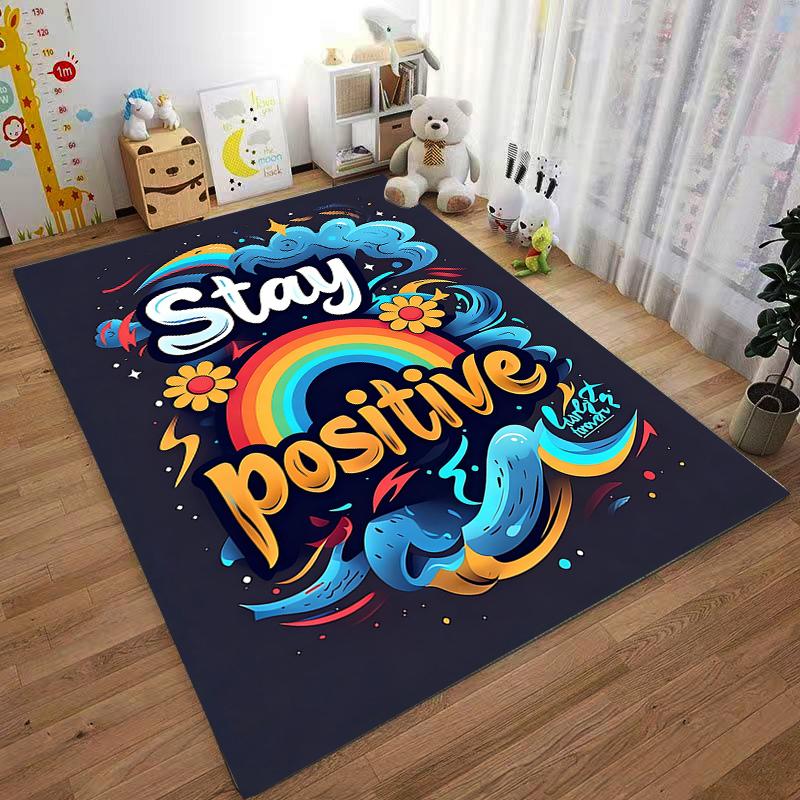 Colorful "Stay Positive" Carpet with Rainbow, Flowers, and Blue Waves Suitable for Use As an Anti-slip for Living Room Bedroom Sofas
