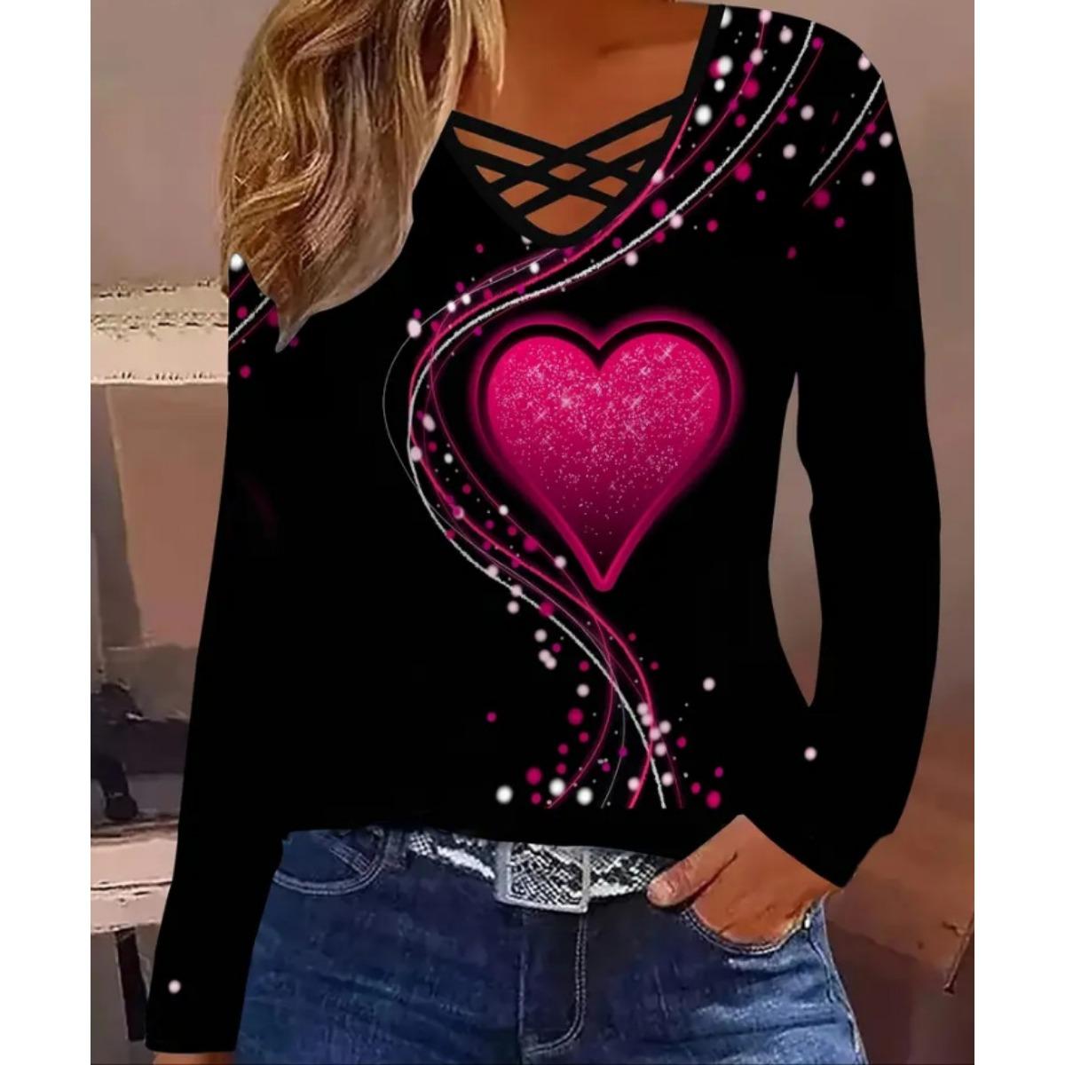 

Fall Women s Casual Long Sleeve Top, Heart Print V-Neck Blouse for Women, European & American Crossbody Style XXL рожевий червоний колір