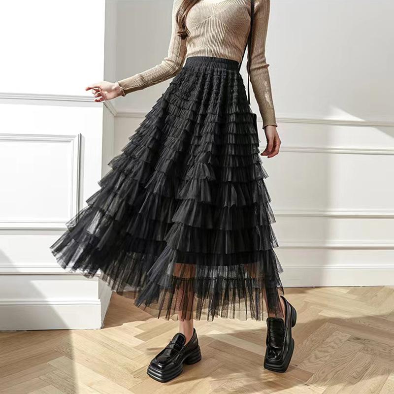 Pink skirt women's summer big pendulum mesh umbrella skirt vertical feeling medium and long A word women's vertical feeling long skirt high sense
