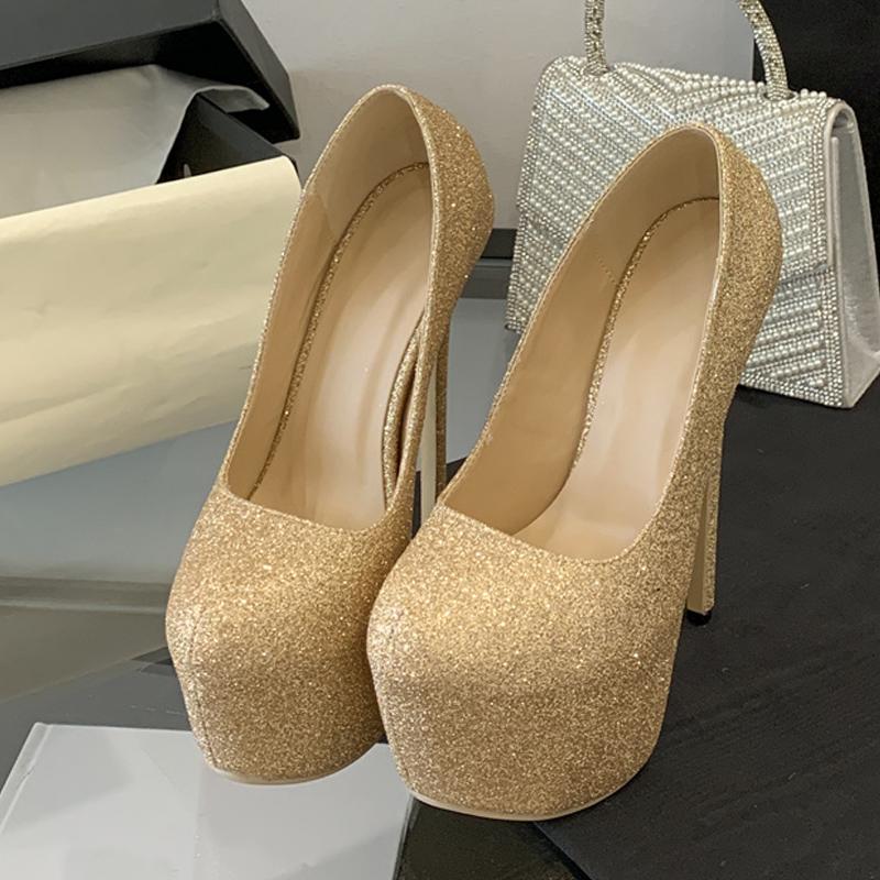 Fashion Liyke Runway Fashion Gold Sequined Cloth Platform Pumps Women Round Toe 17CM Stiletto High Heels Wedding Banquet Ladies Shoes