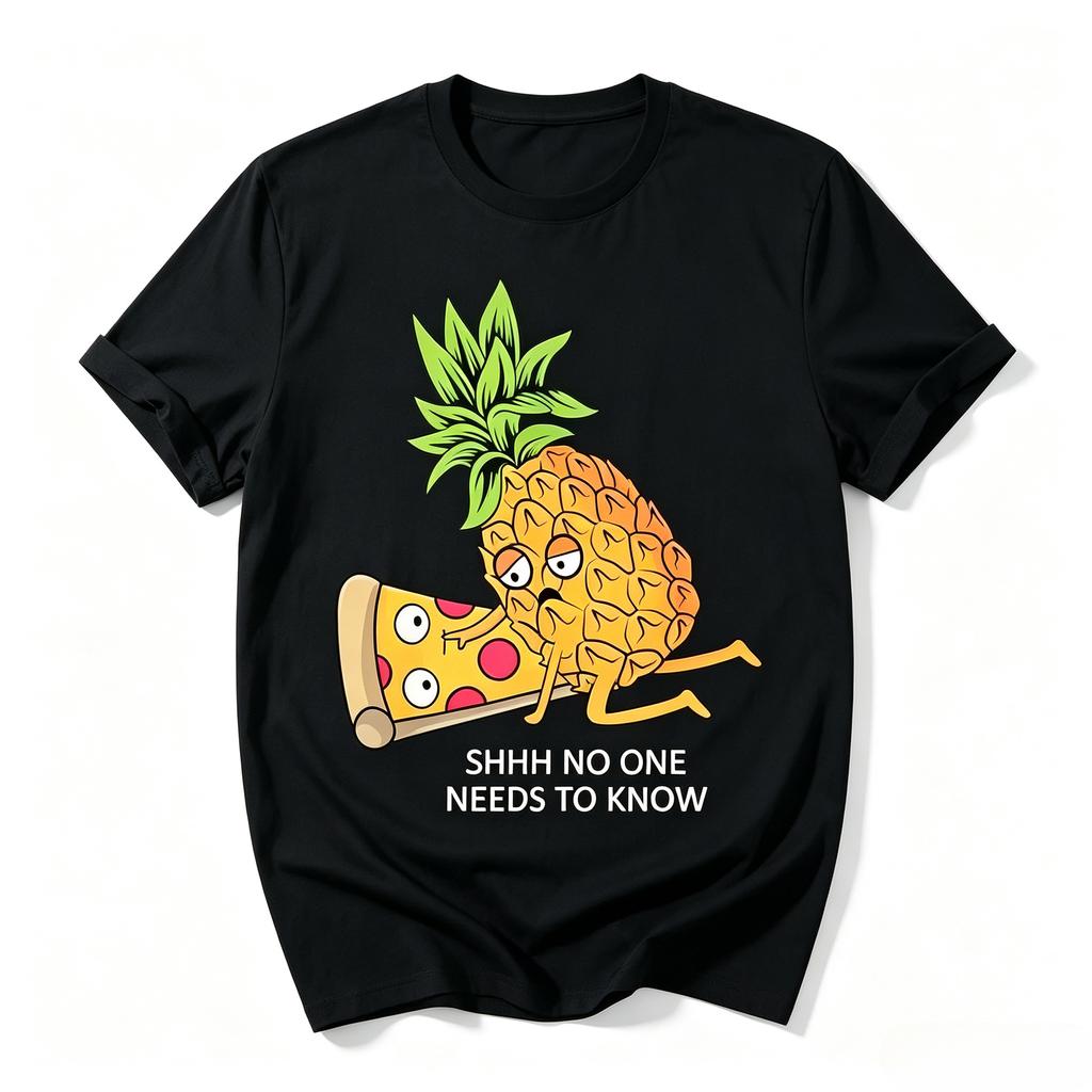 Herren Damen Lustiges Ananas-Pizza T-Shirt Shhh Niemand Muss Es Wissen Grafik-T-Shirt Sommer Lässig Kurzarm Essen Meme Oberteile