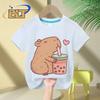Cute Capybara Loves Bubble Tea Print Kids T-Shirt Summer Children's Short-sleeved Casual Tops Boys and Girls Gifts