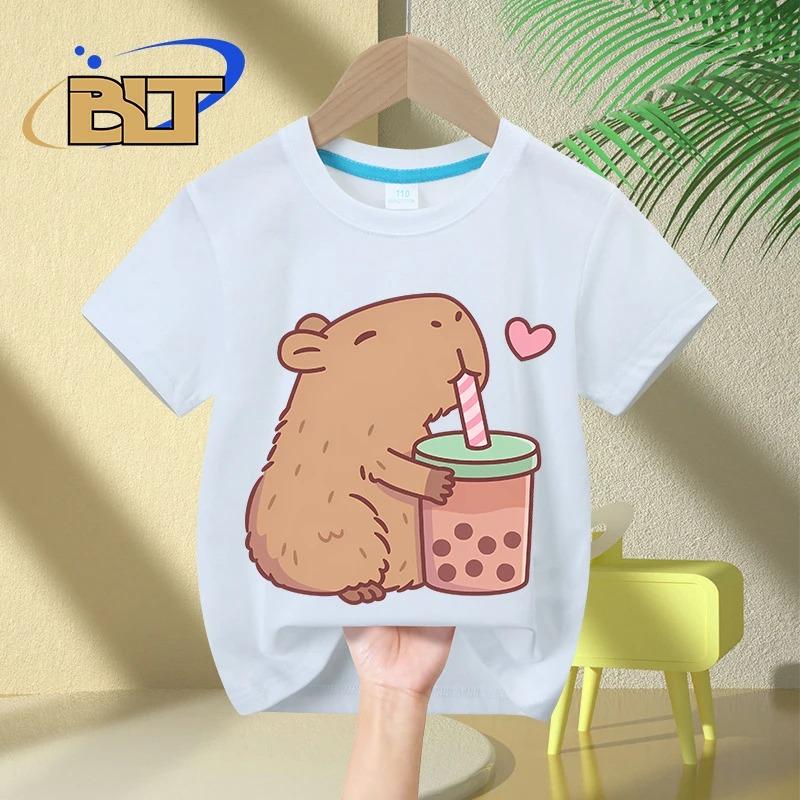 Cute Capybara Loves Bubble Tea Print Kids T-Shirt Summer Children's Short-sleeved Casual Tops Boys and Girls Gifts