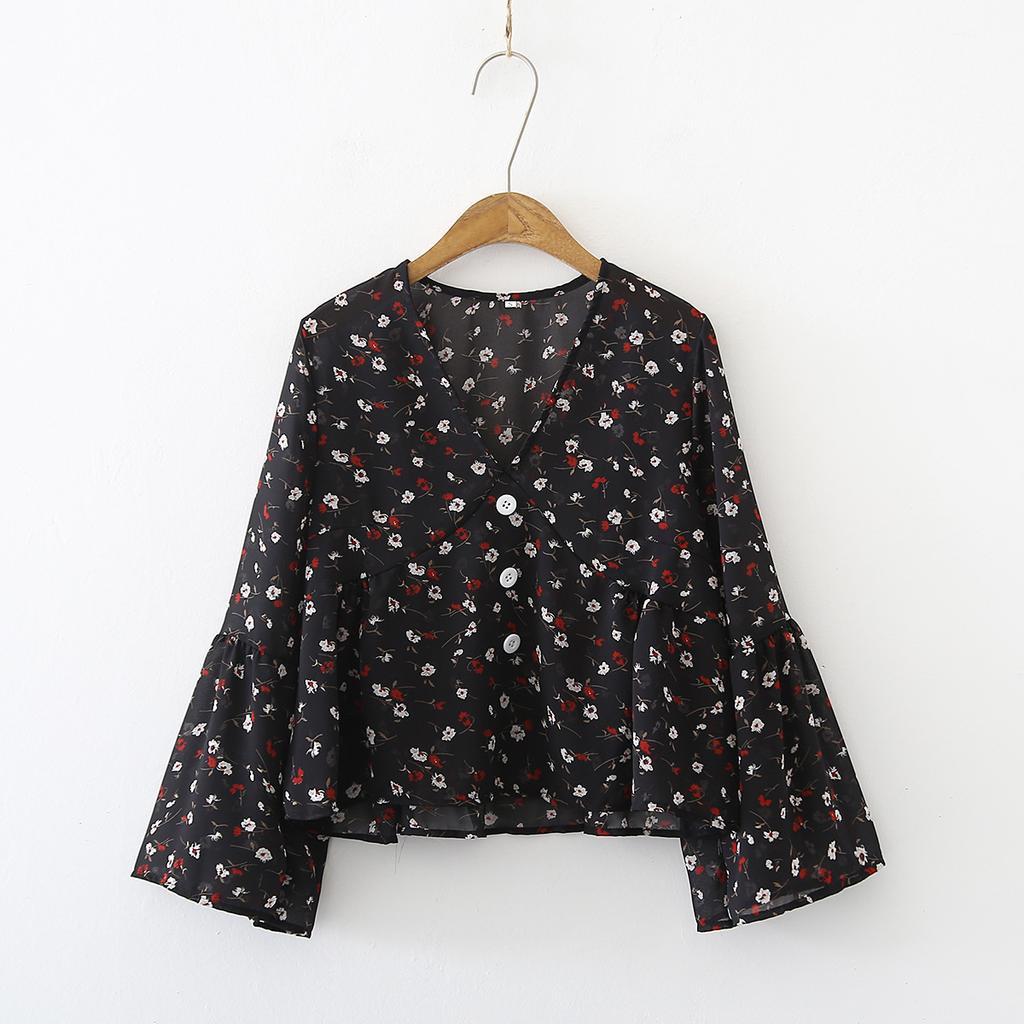 Button Up Skirt Doll Top Retro Floral V-neck Flared Sleeve Chiffon Shirt for Women