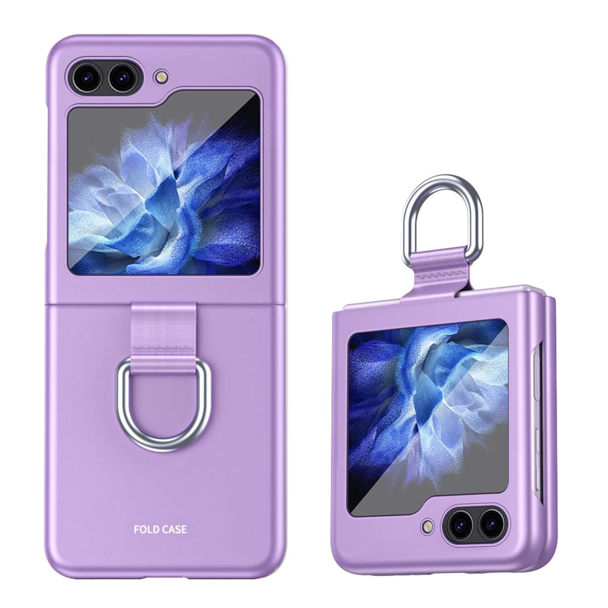 

For Samsung Galaxy Z Flip5 5G Hard PC Phone Case Ribbon Metal Ring Holder Anti-Scratch Phone Cover Purple
