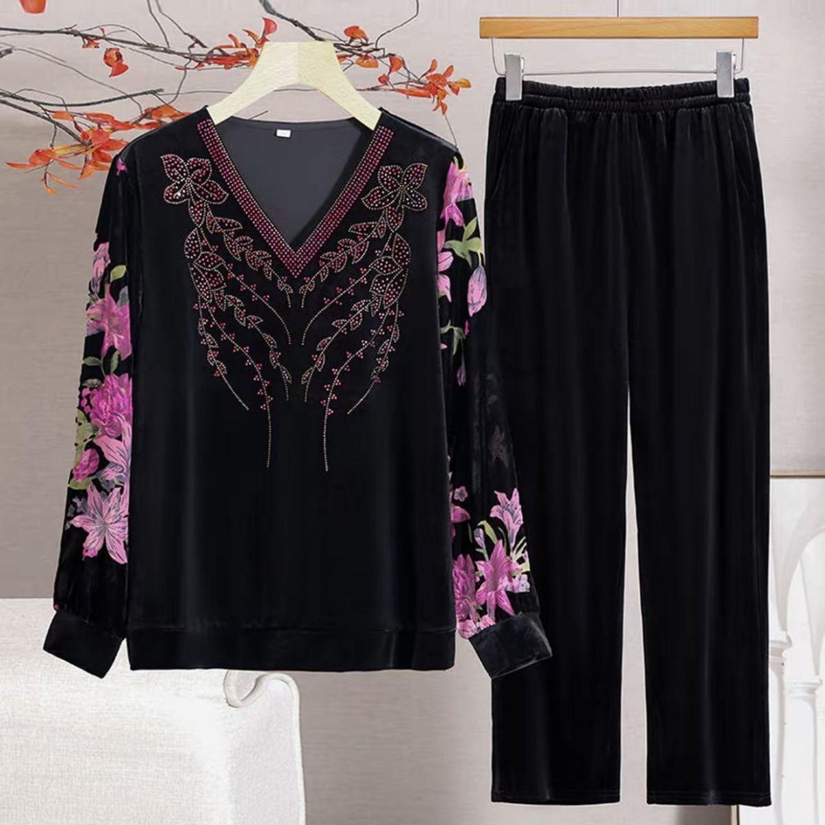 2pcs Pants Suit Autumn Women s Embroidery Plus-size Velvet Blouse High-waist Velvet Harem Pants Two-piece Set Velvet Outfits XL