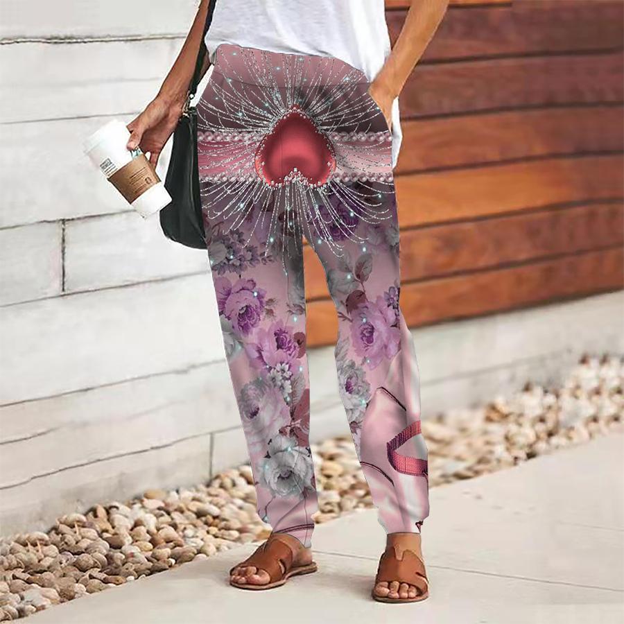 Women Gorgeous Printing Pants Lace Up Elastic Waist Loose  Trousers Casual Long Pants Trousers with Pockets