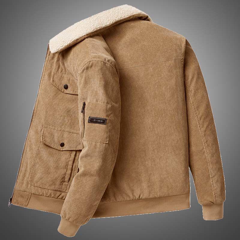 Men's 2025 Korean Style Corduroy Cotton Jacket with Lambswool Fleece Lining and Large Pockets
