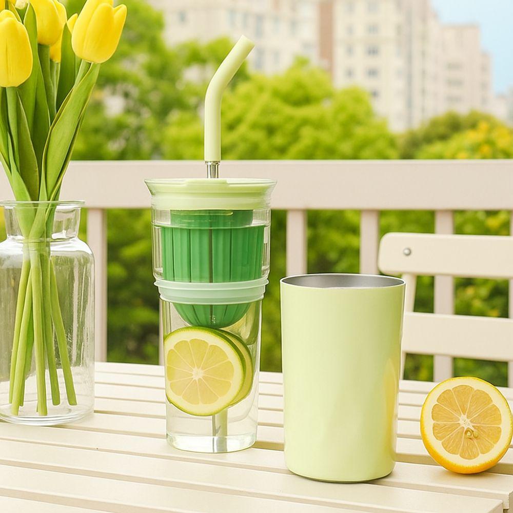 2 Layer 2 in1 Cooling Storage Glass 650ML Vacuum Mug Portable Straw Cup  Drinkware