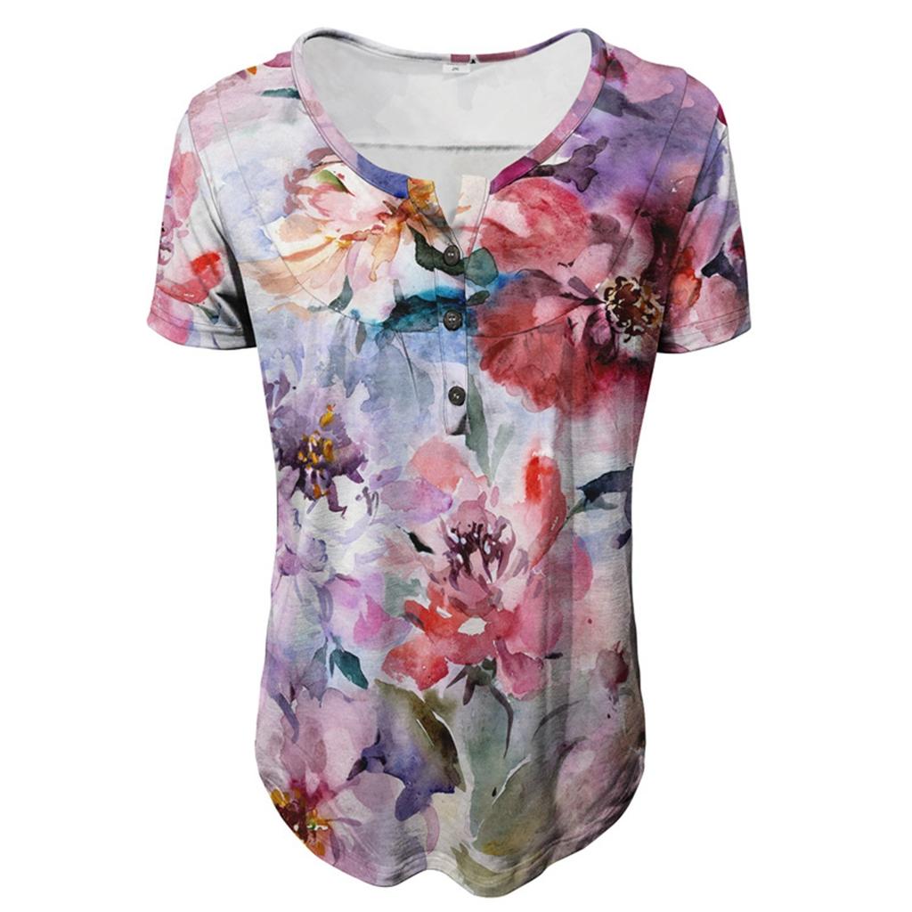 Women's Short Sleeve Tunic Loose Tops Casual Plus Size Tops Pleated Tunic Button Casual Summer Floral Tie Tops For Women