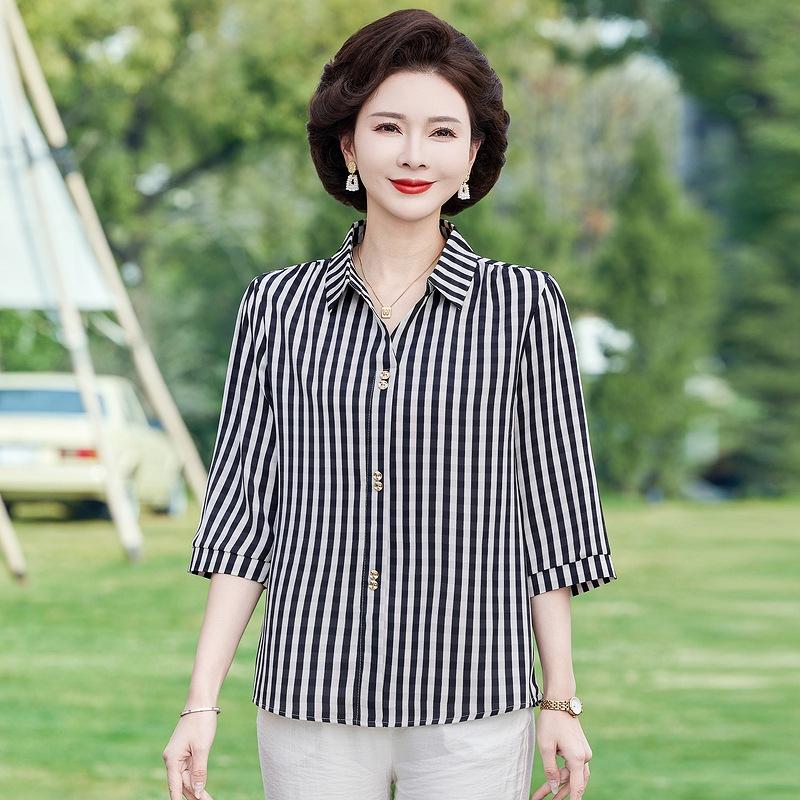 Summer Strip 3/4 Sleeve Shirt for Middle-Aged Women - Plus Size Slimming Top