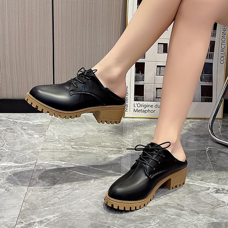 Ladies Oxford Shoes Casual Leather Shoes Women Lace-Up Chunky Heels Pumps Girls Student Retro Loafers
