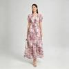 Luxury Sophisticated Tulle Floral Print Dress for Women Elegant V-neck Short Sleeve Tiered Splice Slim Midi Dress Party Vestidos