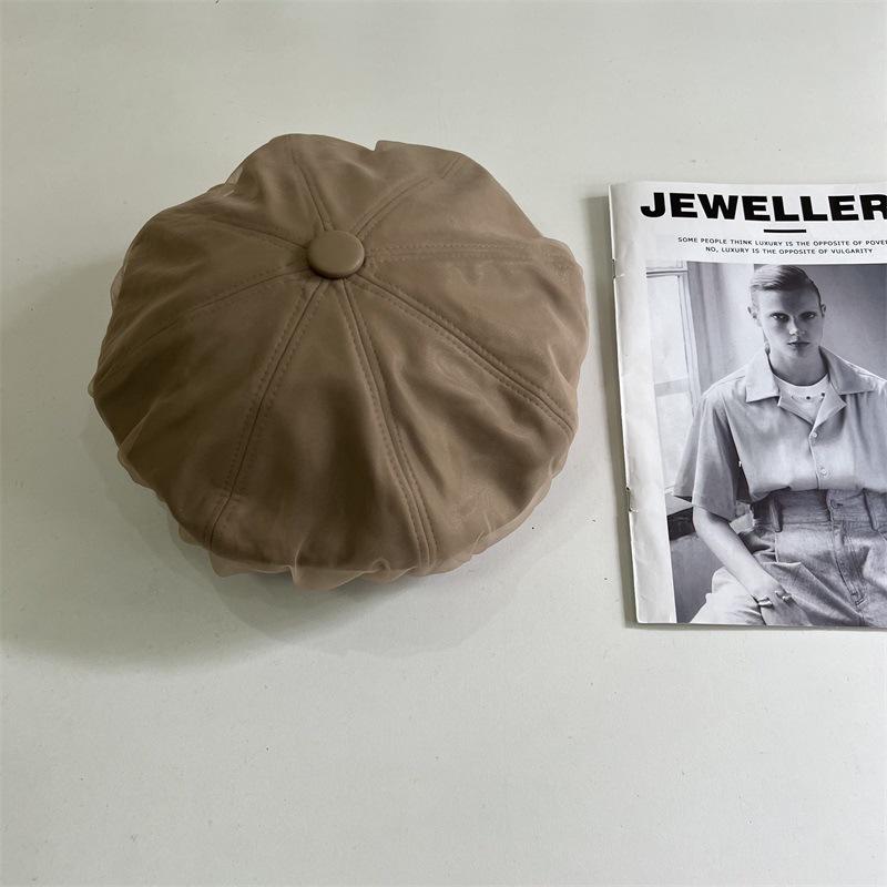 Autumn and Winter New PU Leather Mesh Yarn Brimeless Octagonal Beret Women's Leisure Show Face Small Painter Hat Fashionable