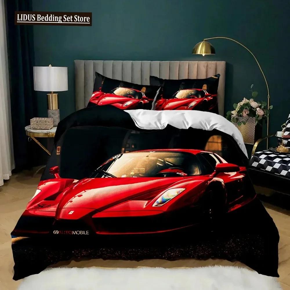Racerbil Påslakanset King Queen Twin Storlek Röd Flamma Täcke Överdrag 3D Sportbilstema För Pojkar Flicka Polyester Sängkläder Set