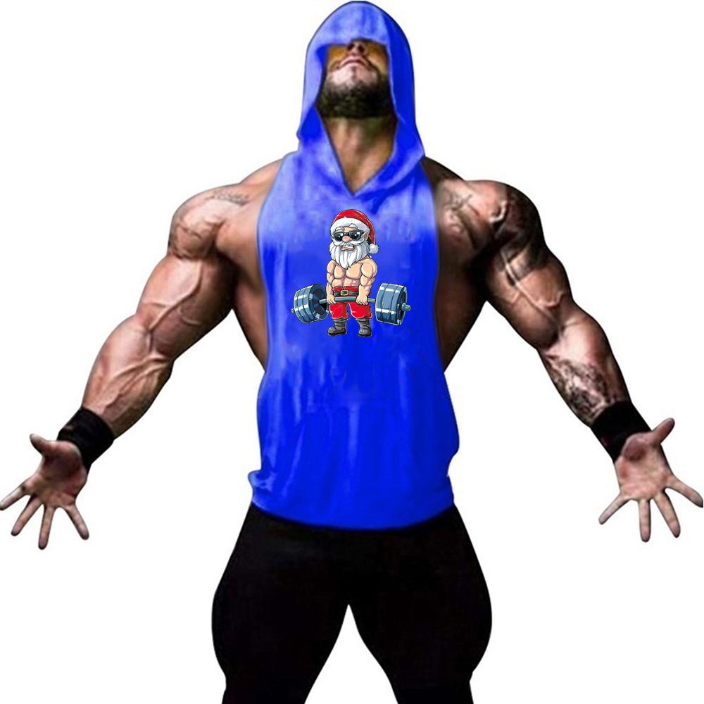 Men's fashion trend personalized gym fitness and leisure sleeveless Santa Claus print pattern hooded vest sports running vest