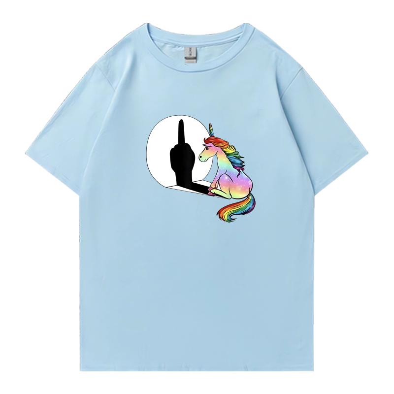 

2025 Мода Единорог Средний Палец Хип-Хоп Оверсайз футболка 100% Хлопок футболка с коротким рукавом Круглый вырез Унисекс Летняя одежда M