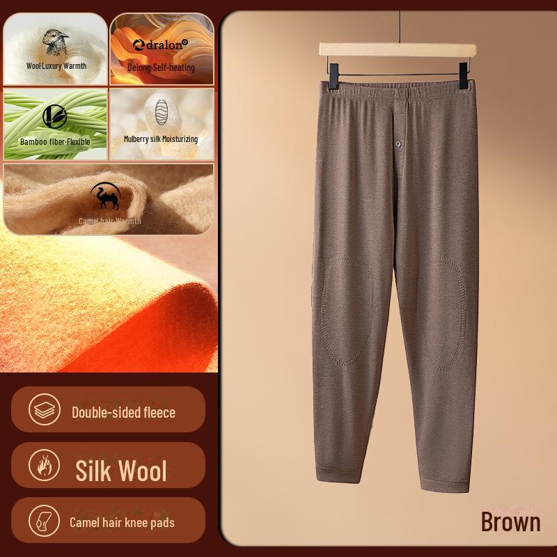 Colanți bărbătești din lână și mătase, cu genunchiere, din păr de cămilă - Culoare uni caldă toamnă/iarnă