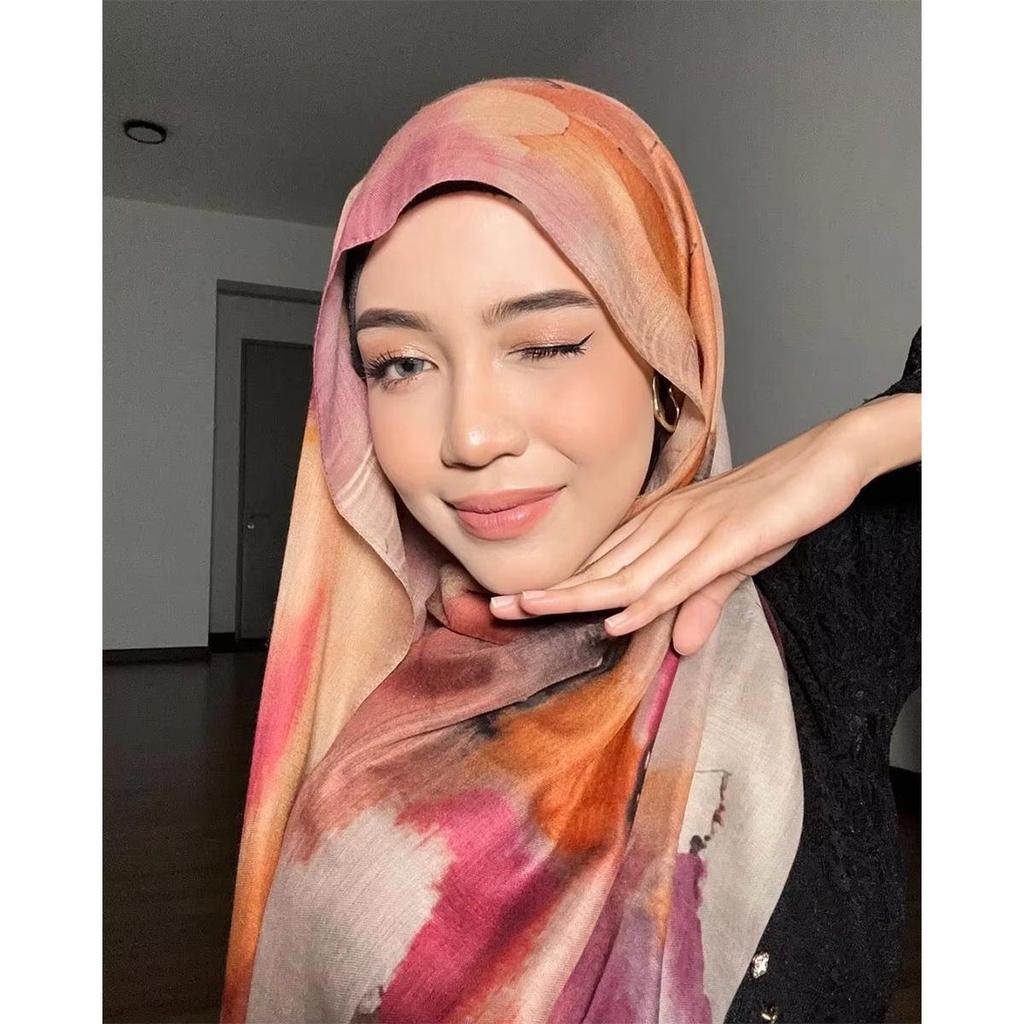 "Hot Sale Watercolor Tie-Dye Cotton Arabic Satin and Polyester Long Turkish Headscarf"