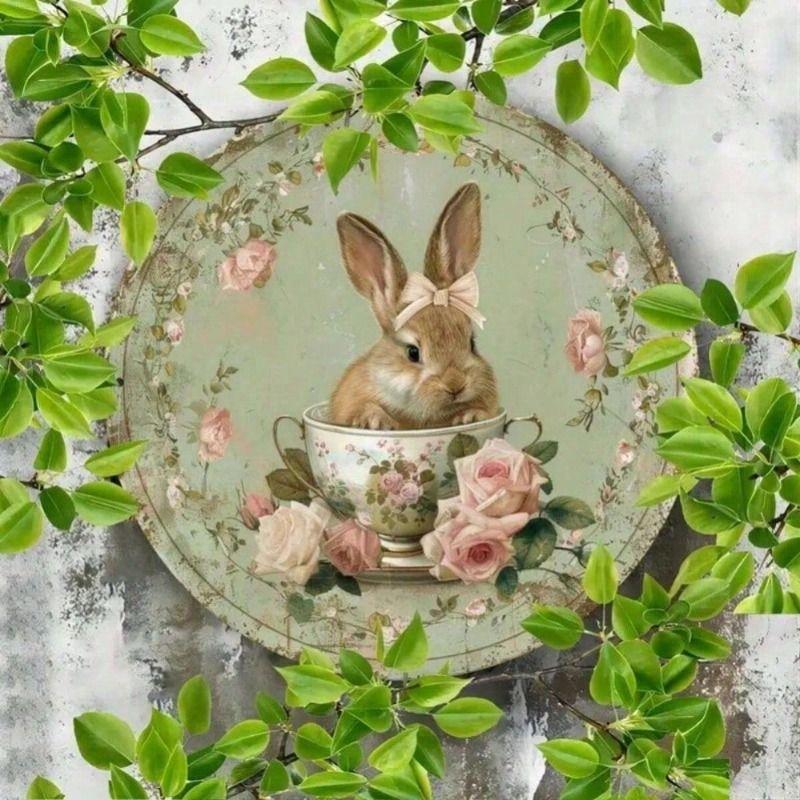

Vintage Rabbit in Cup Metal Poster, Unique Wall Decor for Living Room